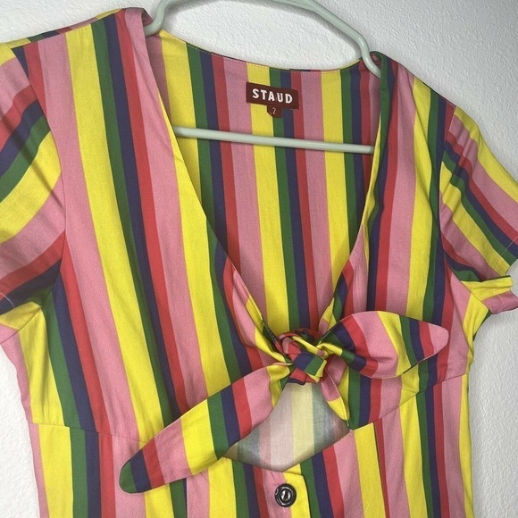 STAUD Alice Pink Colorful Rainbow Striped Poplin V-Neck Tie-Front Dress Sz 2 - Picture 7 of 14